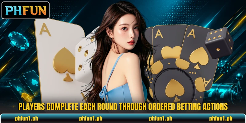 Players complete each round through ordered betting actions
